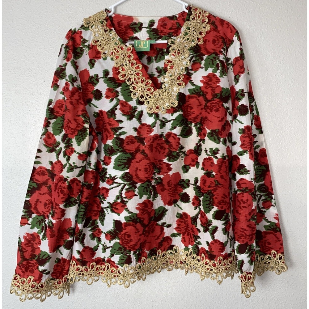 JULES REID Womens Size 16‎ Red Rose Flowers Gold Lace Trim Tunic Blouse Top